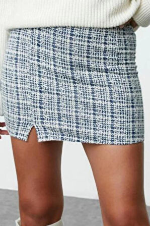 Kadın Moda Stil Mini Astarsız Örme Fermuarlı ve Yırtmaçlı Tüvit Normal Bel Mini Örme Etek