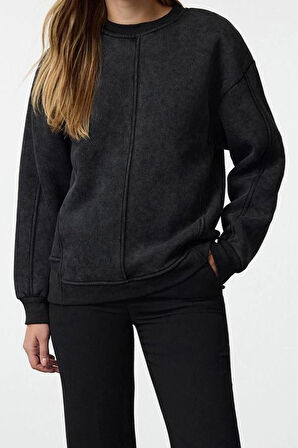 Kadın Regular Bisiklet Yaka Düşük Kol Regular Eskitme Kalın İçi Polarlı Normal Kalıp Örme Sweatshirt