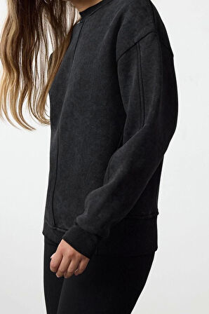 Kadın Regular Bisiklet Yaka Düşük Kol Regular Eskitme Kalın İçi Polarlı Normal Kalıp Örme Sweatshirt