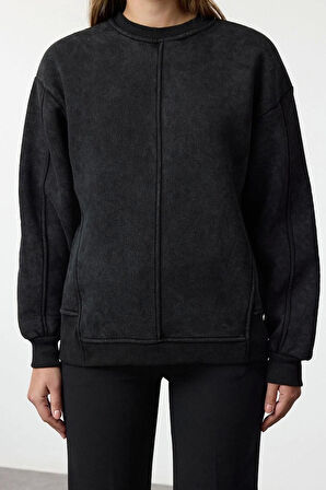 Kadın Regular Bisiklet Yaka Düşük Kol Regular Eskitme Kalın İçi Polarlı Normal Kalıp Örme Sweatshirt