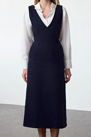 Kadın Moda Şık Midi Boy V Yaka Regular Jile Dokuma Elbise