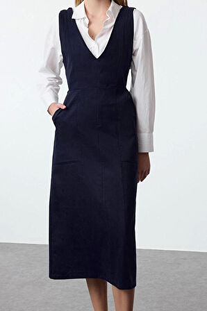 Kadın Moda Şık Midi Boy V Yaka Regular Jile Dokuma Elbise