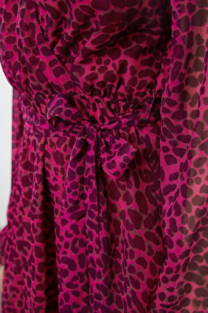 Kadın Moda Şık Mini Boy Kruvaze Regular Çiçekli Animal Desenli Kuşaklı Dokuma Elbise