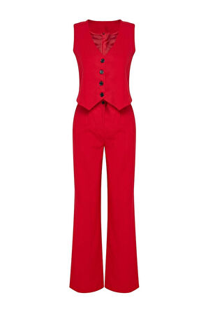 Kadın Moda Şık Geniş Paça Kısa Boy Uzun Kollu Regular Dokuma Yelek Geniş Paça Pantolon Takım