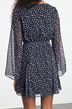 Kadın Mini Boy Bisiklet Yaka Regular Çiçek Desenli Eteği Belden Açılan Astarlı Dokuma Şifon Elbise