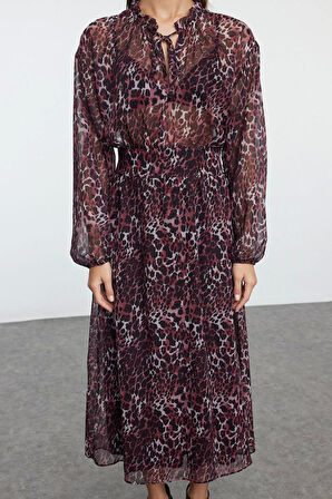 Kadın Midi Boy Bisiklet Yaka Regular Animal Desenli Eteği Belden Açılan Astarlı Dokuma Kışlık Elbise