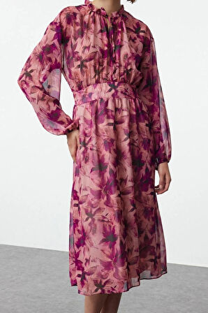 Kadın Midi Boy Bisiklet Yaka Regular Animal Desenli Eteği Belden Açılan Astarlı Dokuma Kışlık Elbise