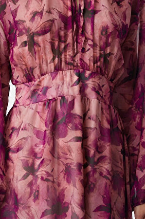 Kadın Midi Boy Bisiklet Yaka Regular Animal Desenli Eteği Belden Açılan Astarlı Dokuma Kışlık Elbise