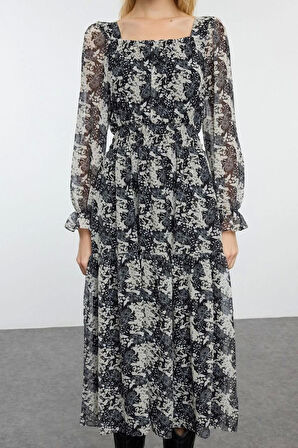 Kadın Moda Maxi Boy Kare Yaka Regular Çiçek Desenli Skater Belden Açılan Dokuma Şifon Astarlı Elbise