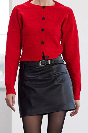 Kadın Moda Şık Crop Bisiklet Yaka Regular Crop Yumuşak Dokulu Gül Örgülü Ceket Görünümlü Triko Hırka