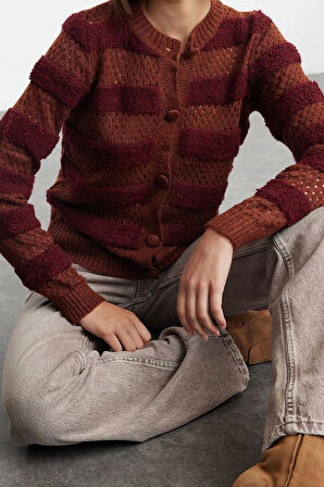 Kadın Moda Şık Regular Bisiklet Yaka Slim Renk Bloklu Ceket Görünümlü Triko Hırka
