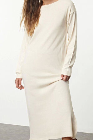 Kadın Moda Şık Regular Boy Bisiklet Yaka Regular Triko Basic Atkılı Elbise