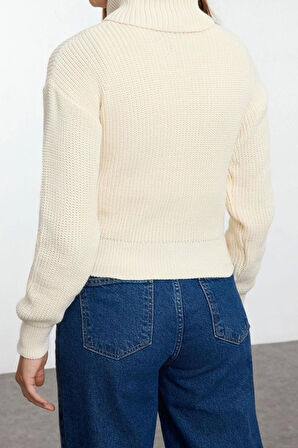 Kadın Moda Şık Devrik Yaka Standart Kol Regular Crop Kazak-Bluz Takım Triko Kazak