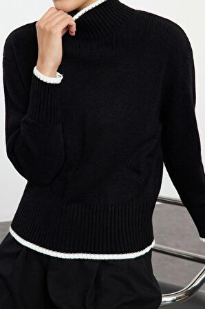 Kadın Moda Şık Dik Yaka Standart Kol Regular Geniş Kalıp Basic Renk Bloklu Triko Kazak