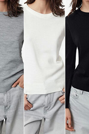 Kadın Moda Şık Bisiklet Yaka Standart Kol Regular Basic Üçlü Paket Triko Kazak