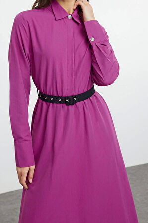 Kadın Moda Şık Tesettür Uzun Gömlek Yaka Regular Kemer Detaylı Dokuma Elbise