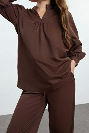 Kadın Moda Şık Regular Uzun Boy Uzun Kollu Kuşaklı Poplin Dokuma Alt-Üst Takım