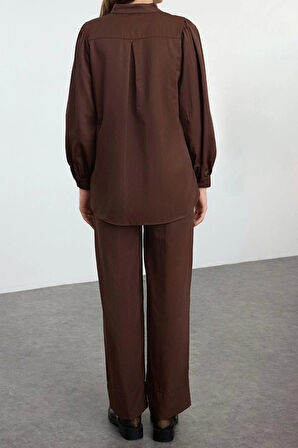 Kadın Moda Şık Regular Uzun Boy Uzun Kollu Kuşaklı Poplin Dokuma Alt-Üst Takım