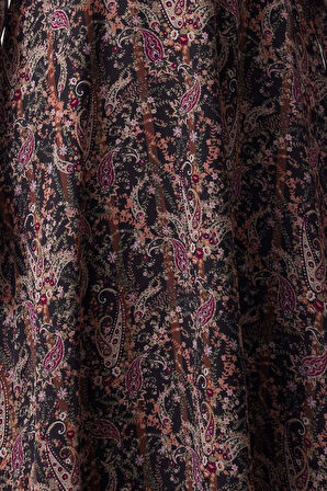 Kadın Moda Şık Midi Boy Kruvaze Regular Çiçekli Kemerli A Kesim Yaka Desenli Şifon Dokuma Elbise