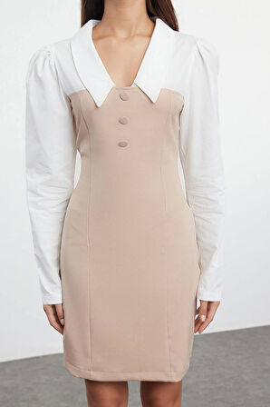 Kadın Moda Şık Mini Boy Gömlek Yaka Fitted Düz Vücudu Saran Dokuma Elbise Dokuma Elbise