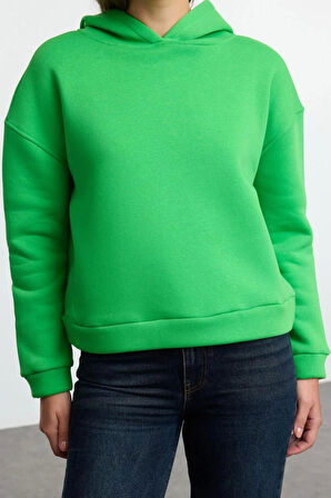 Kadın Moda Regular Kapüşonlu Düşük Kol Regular Normal Kalıp Basic Kalın İçi Polarlı Örme Sweatshirt