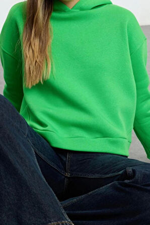 Kadın Moda Regular Kapüşonlu Düşük Kol Regular Normal Kalıp Basic Kalın İçi Polarlı Örme Sweatshirt