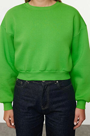 Kadın Moda Şık Crop Dik Yaka Düşük Kol Crop Rahat Kesim Crop Basic Kalın İçi polarlı Örme Sweatshirt