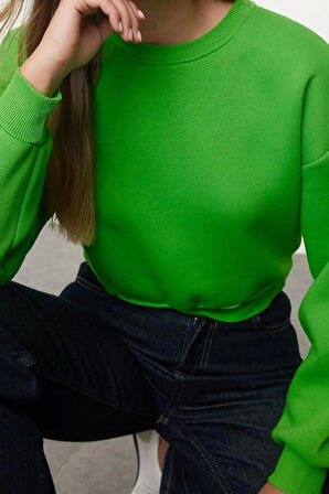 Kadın Moda Şık Crop Dik Yaka Düşük Kol Crop Rahat Kesim Crop Basic Kalın İçi polarlı Örme Sweatshirt