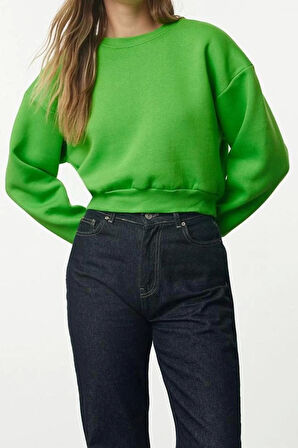 Kadın Moda Şık Crop Dik Yaka Düşük Kol Crop Rahat Kesim Crop Basic Kalın İçi polarlı Örme Sweatshirt