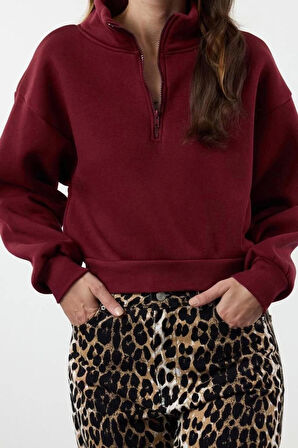 Kadın Fitted Fermuarlı Yaka Düşük Kol Crop Rahat Kesim Crop Fermuarlı Kalın Polarlı Örme Sweatshirt