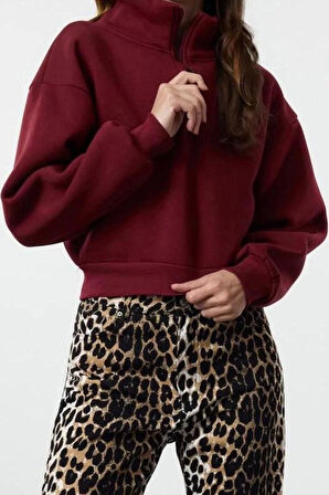 Kadın Fitted Fermuarlı Yaka Düşük Kol Crop Rahat Kesim Crop Fermuarlı Kalın Polarlı Örme Sweatshirt