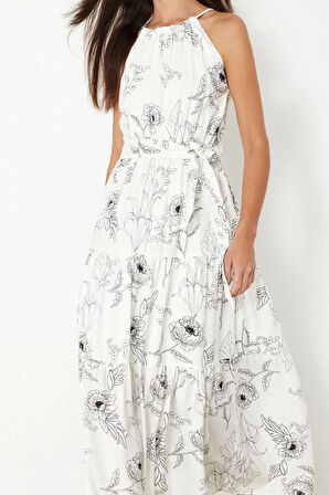 Kadın Moda Şık Maxi Boy Halter Yaka Regular Animal Shift Boyundan Bağlamalı Astarlı Dokuma Elbise