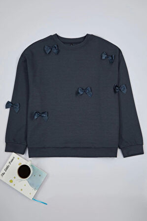 Kadın Büyük Beden Oversize Bisiklet Yaka Standart Kol Gri Kurdele Detaylı Modal Örme Sweatshirt