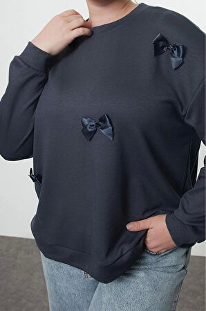 Kadın Büyük Beden Oversize Bisiklet Yaka Standart Kol Gri Kurdele Detaylı Modal Örme Sweatshirt
