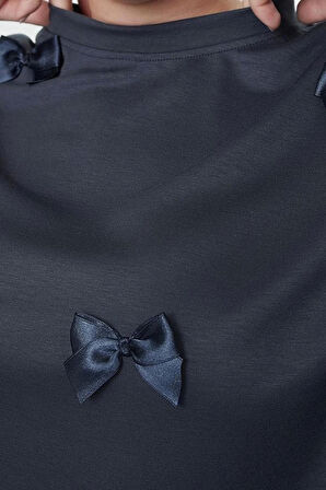 Kadın Büyük Beden Oversize Bisiklet Yaka Standart Kol Gri Kurdele Detaylı Modal Örme Sweatshirt