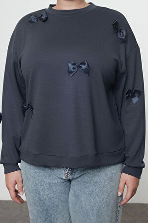 Kadın Büyük Beden Oversize Bisiklet Yaka Standart Kol Gri Kurdele Detaylı Modal Örme Sweatshirt