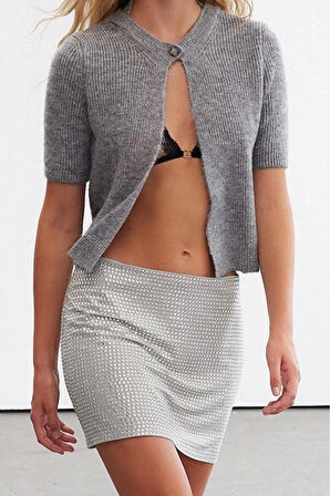 Kadın Moda Şık Crop Bisiklet Yaka Regular Crop Yumuşak Dokulu Kısa Kollu Triko Hırka