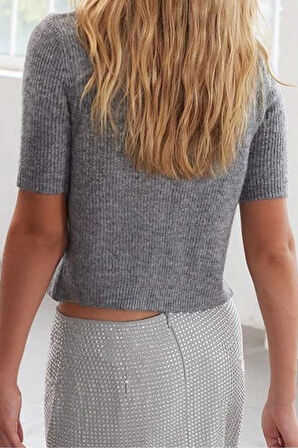 Kadın Moda Şık Crop Bisiklet Yaka Regular Crop Yumuşak Dokulu Kısa Kollu Triko Hırka