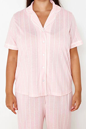 Büyük Beden Kadın %100 Pamuk Gömlek Yaka Kısa Kol Çizgili Gömlek Yaka Örme Pijama Takımı