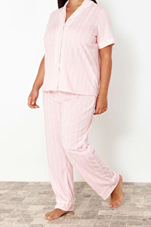 Büyük Beden Kadın %100 Pamuk Gömlek Yaka Kısa Kol Çizgili Gömlek Yaka Örme Pijama Takımı