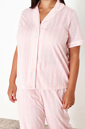 Büyük Beden Kadın %100 Pamuk Gömlek Yaka Kısa Kol Çizgili Gömlek Yaka Örme Pijama Takımı