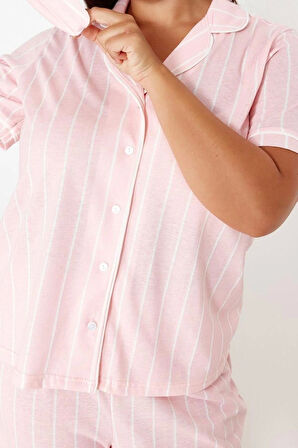 Büyük Beden Kadın %100 Pamuk Gömlek Yaka Kısa Kol Çizgili Gömlek Yaka Örme Pijama Takımı