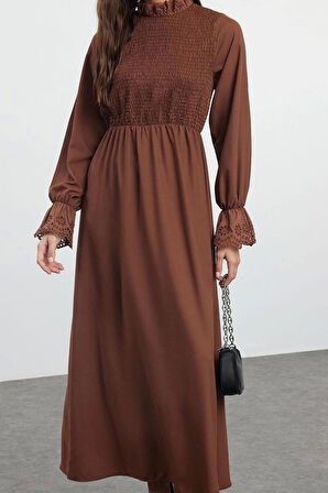 Kadın Moda Şık Tesettür Uzun Dik Yaka Regular Gipeli Dokuma Elbise