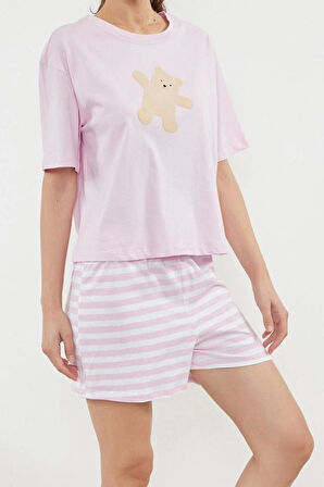 Kadın Moda Şık Bisiklet Yaka Boru Paça Kısa Kol %100 Pamuklu Ayıcık Baskılı Örme Pijama Takımı