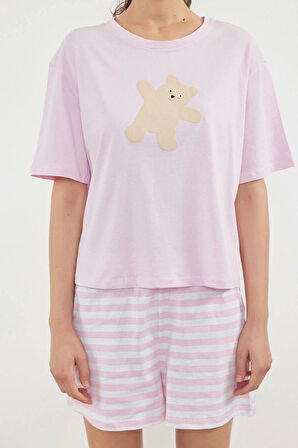 Kadın Moda Şık Bisiklet Yaka Boru Paça Kısa Kol %100 Pamuklu Ayıcık Baskılı Örme Pijama Takımı