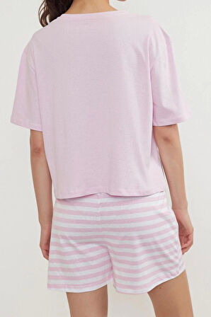 Kadın Moda Şık Bisiklet Yaka Boru Paça Kısa Kol %100 Pamuklu Ayıcık Baskılı Örme Pijama Takımı