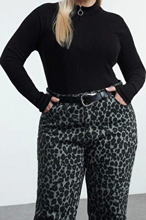 Kadın Moda Şık Büyük Beden Regular Dik Yaka Fitted Kalıp Örme Kaşkorse Bluz