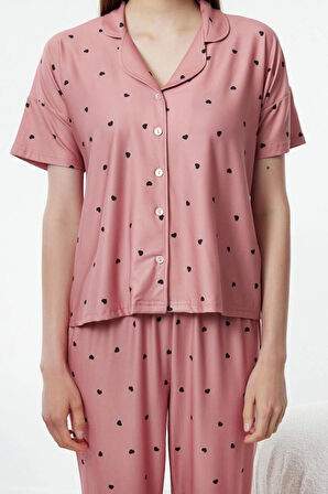 Kadın Moda Şık Gömlek Yaka Boru Paça Kısa Kol Kalpli Örme Pijama Takımı