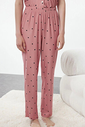 Kadın Moda Şık Gömlek Yaka Boru Paça Kısa Kol Kalpli Örme Pijama Takımı