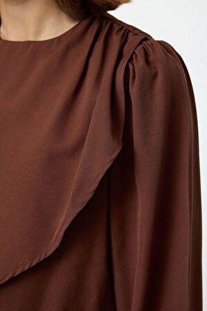 Kadın Moda Şık Tesettür Uzun Bisiklet Yaka Fitted Peplum Detaylı Dokuma Elbise